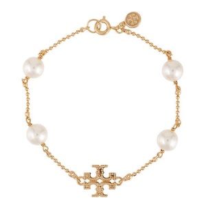 Tory Burch Gold Milgrain Pearl Logo Bracelet